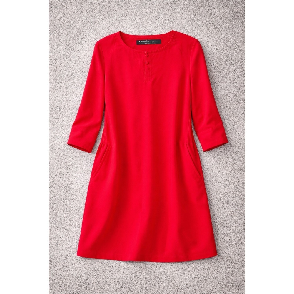 August Silk Red Silk Dress Size 12 Shift Tunic Pockets 3/4 Sleeve